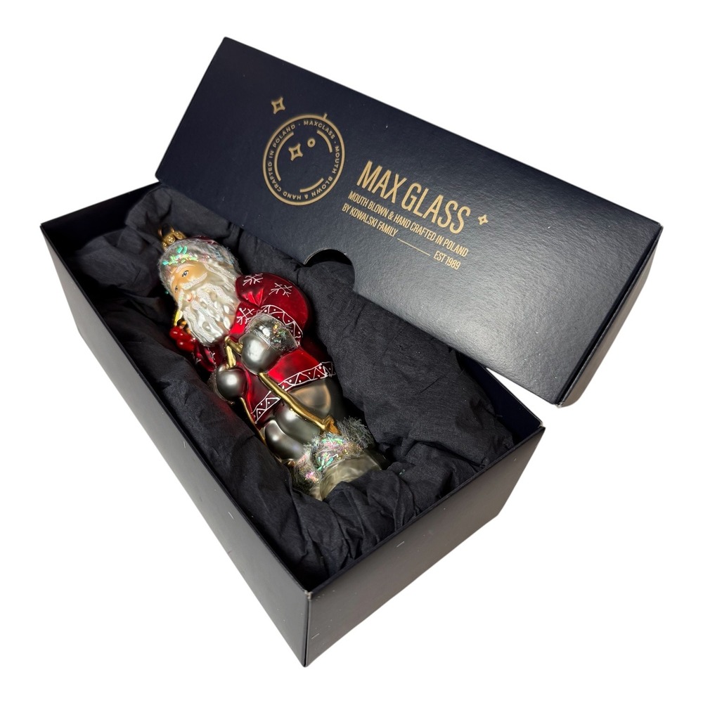 Max Glass Poland Santa Claus Mouth Blown Glass Ornament Red Silver 7in Box
